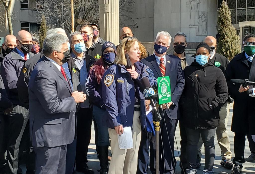 DA Melinda Katz stood alongside City District Attorneys and the Transit Workers Union during a press conference in support of legislation imposing harsher penalties on the action of spitting on transit workers. March 3, 2021.