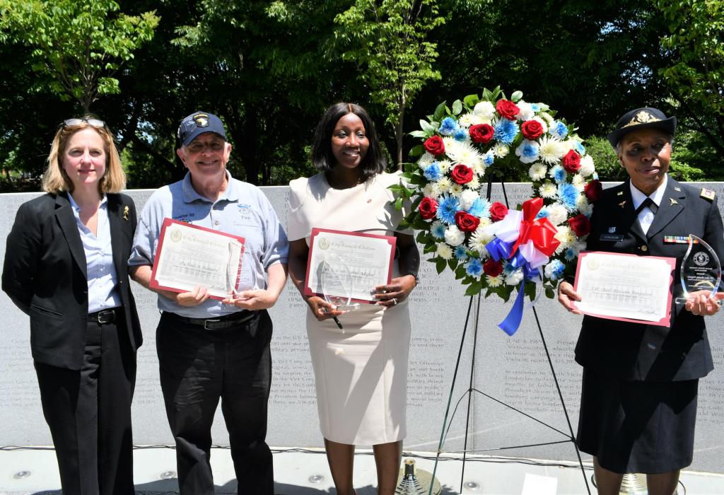 DA Melinda Katz with Honorees SP4 Paul Feddern, Cpl. Mariam A. Sanni Adigun and LTC (Ret.) Blossom Ferguson at the Memorial Day Observance Ceremony in Elmhurst Park, Queens. May 27, 2021.