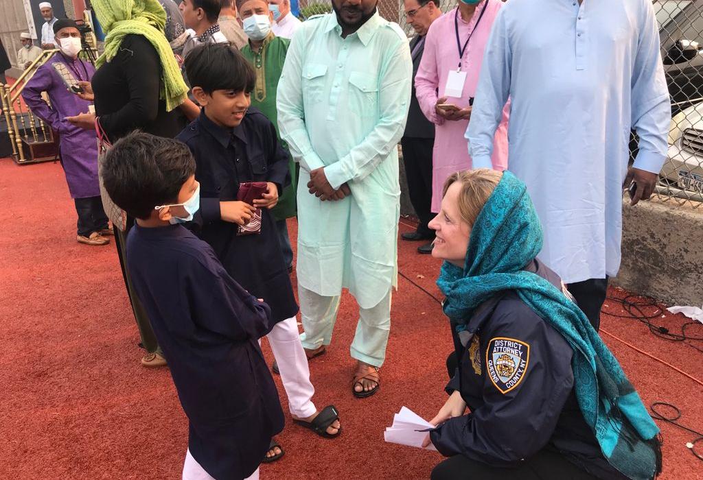 DA Melinda Katz visits the Jamaica Muslim Center for morning prayer during Eid Al Adha holy holiday. July 20, 2021.