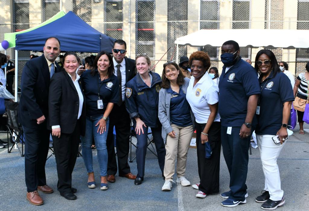 DA Melinda Katz and her staff, shown here at the 113th Precinct, work booths at 17 police precincts throughout the borough for the 38th National Night Out Against Crime. August 3, 2021.