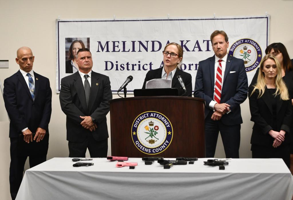 DA Melinda Katz, joined by NYPD Chief of Detectives, announces the takedown of more than two dozen reputed gang members charged with murder, attempted murder, criminal possession of a weapon and other crimes in and around Astoria, Long Island City housing developments. August 5, 2021.